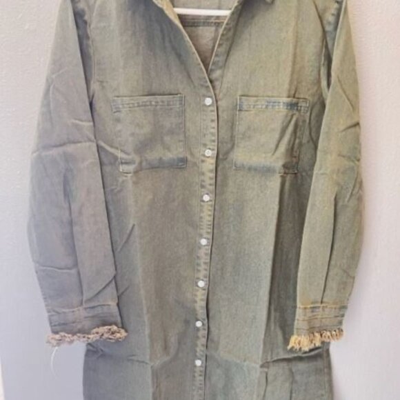 Womens Olive Green Long-Sleeve Button-Down Frayed Hem Shirt Dress - Picture 2 of 7